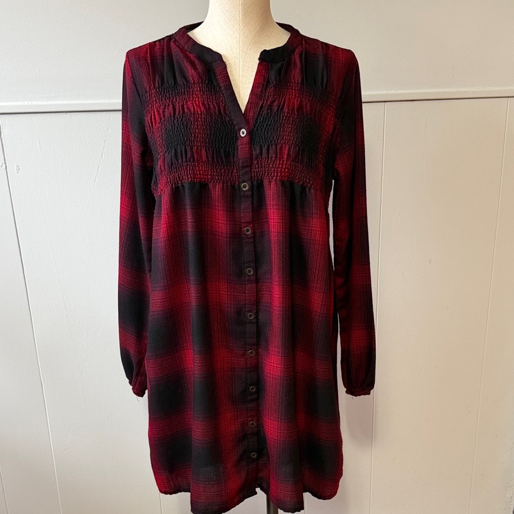 Knox Rose Plaid Tunic Red and Black Plaid Button-Up Dress Medium